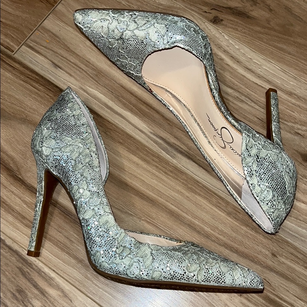 Jessica Simpson Claudette D'Orsay Pump Silver Lace Heels NEW